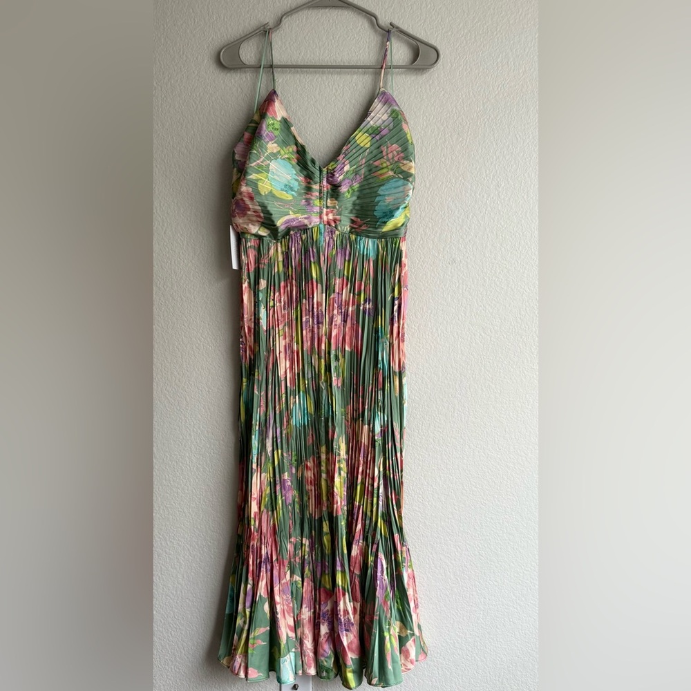 Astr Green and Pink Pleated Midi Sundress